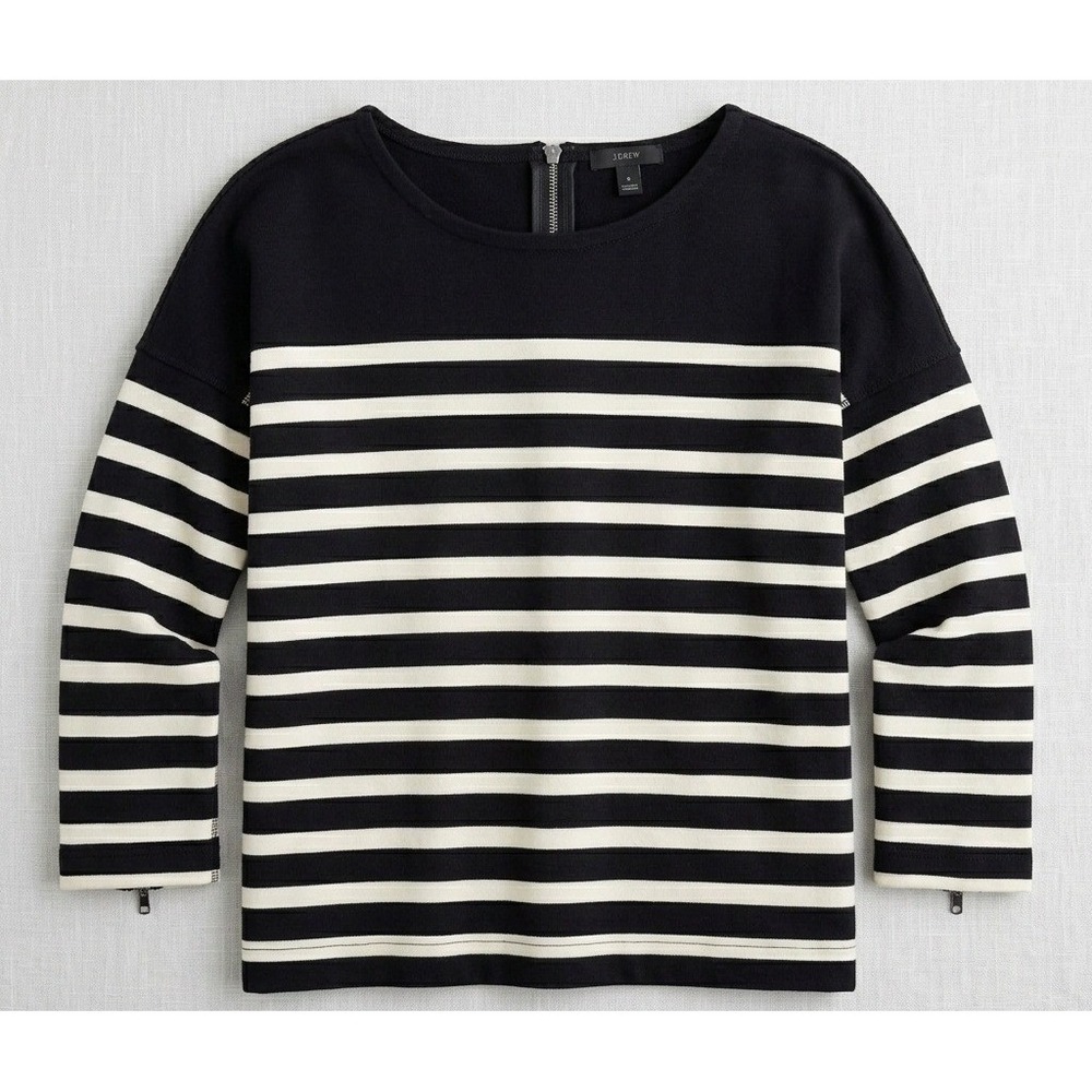 J.Crew Striped Boatneck‎ Top Womens Small Black White Zipper Cuff Nautical